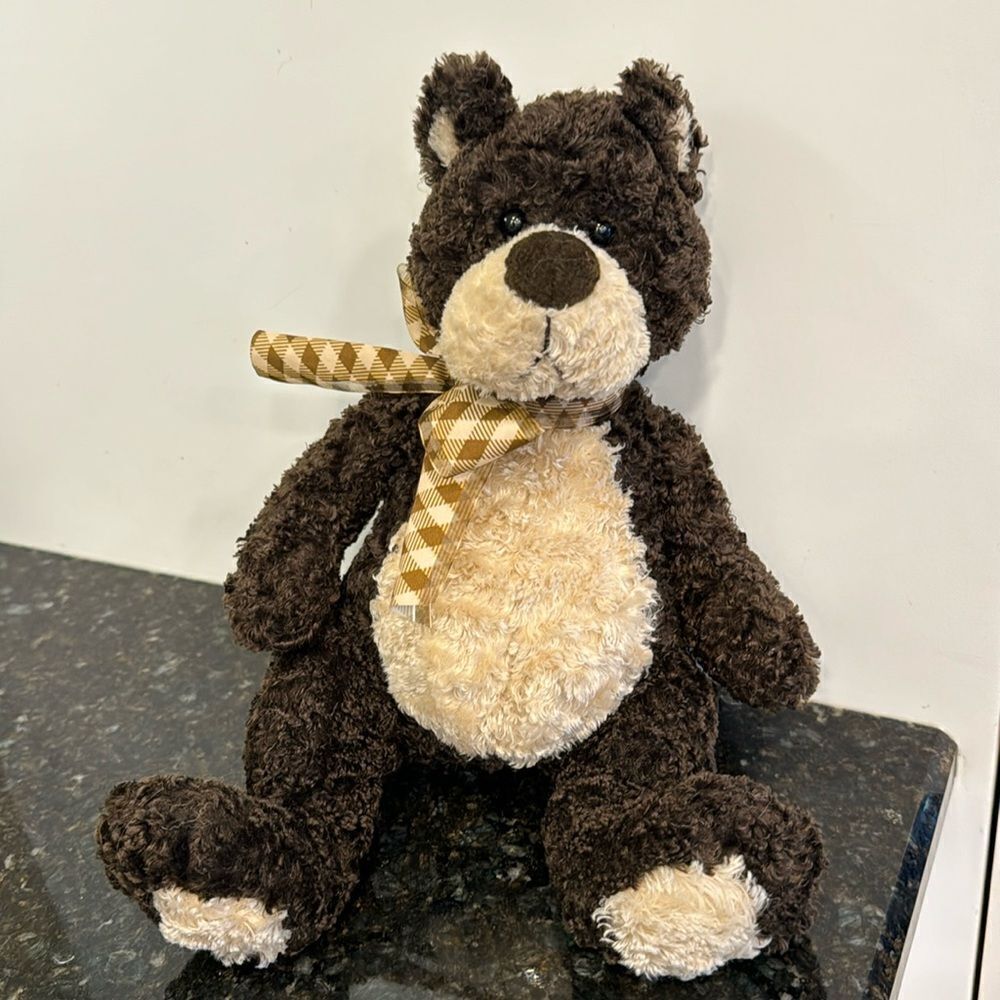 Gund brown teddy bear BIXBY 15154 Tan Plaid Bow sitting 12" Striped Yellow